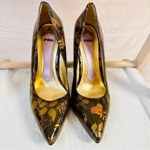 Hale Bob Green Gold Floral High Heels Size 10 M Leather Pointed 5” Heel - Picture 9 of 14