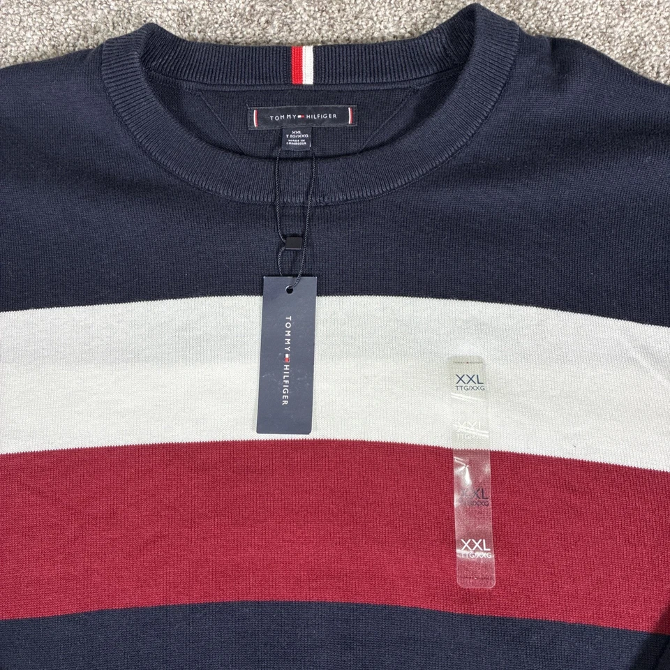 Men's Tommy Hilfiger Striped Crewneck Sweater XXL New Tags Navy White Red - Image 2 of 4