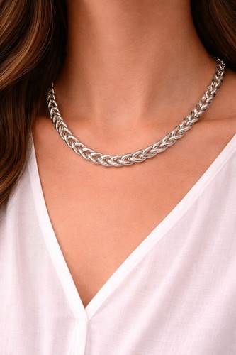 Silver Tone Herringbone Chain Necklace Adjustable Statement Collar