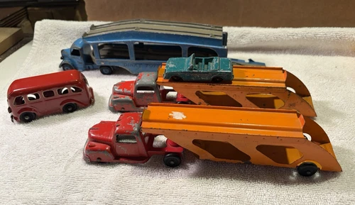 LOT of Vintage Tootsie Toy Dinky Toy Pullmore Semi Truck, Car Transporter, Bus
