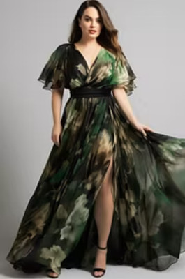 BRAND NEW FlyCurvy Plus Size Green Chiffon Flutter Sleeve Maxi Dress 4XL/20