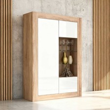 Display Cabinet Oak Matt & White Gloss Doors Glass Shelves Modern 140cm