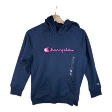 Champion Hooded Sweatshirt Girls Size XL Navy Pink Long Sleeve Spellout Hoodie