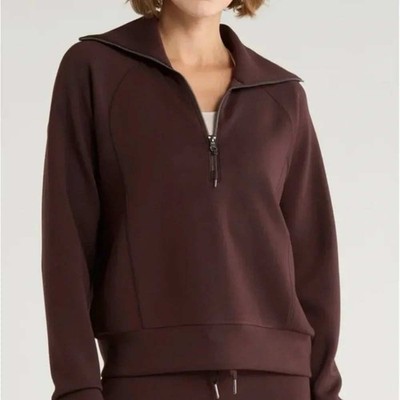 NWT Spanx AirEssentials Half Zip Sweatshirt Espresso Brown Pullover Size Small