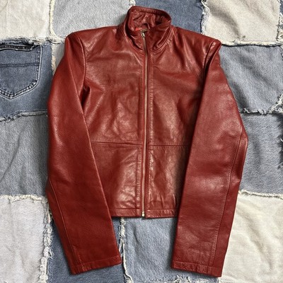 Vintage Y2K 90s Red Leather Cafe Racer Jacket Women s 0 Small Espirit Crop