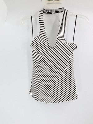 NWT Maeve Anthropologie Halter Top Women s XS Black White Stripe Twisted Shirt