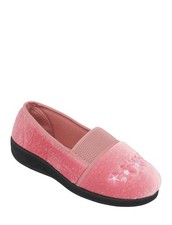Ladies Wide E Fit Elastic Gusset Slippers Floral Embroidery & Soft Velour Easy