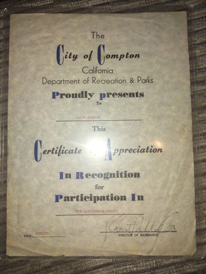 1970 City of Compton CA Recreation & Parks  Certificate Vintage