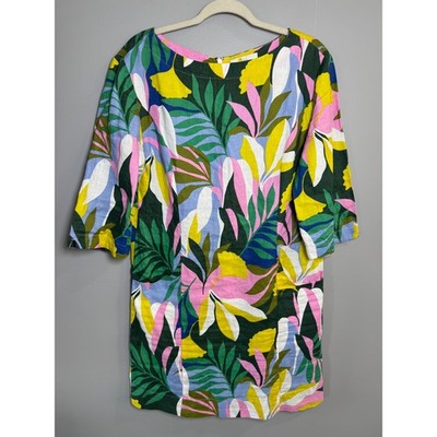 Boden Womens 100% Linen Tropical Floral Shift Dress Green Pink US 6R W0708