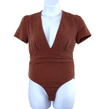 Blue Buttercup Womens Short Sleeve Bodysuit Large Rust Cinnamon Deep V Neck USA