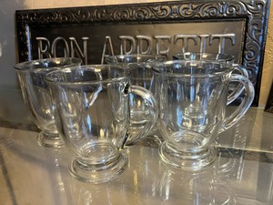 4 PC ANCHOR Footed Iridescent Clear Glass Coffee Cup Mug Mugs SET 18 Oz