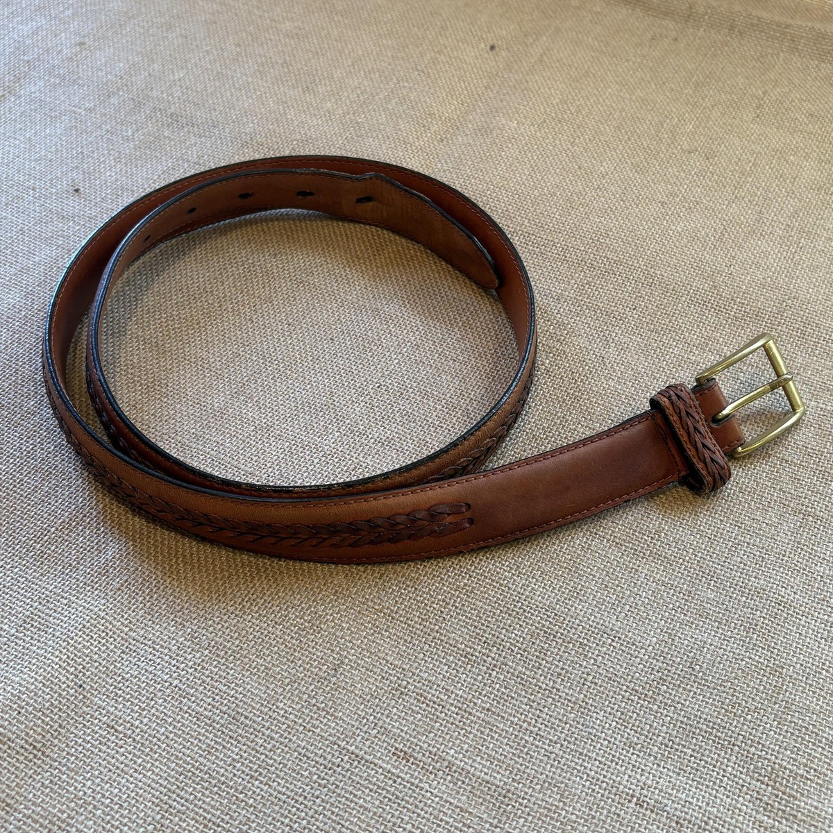 Coach Belt Mens 40 Brown Leather Braided Trim Brass Buckle 