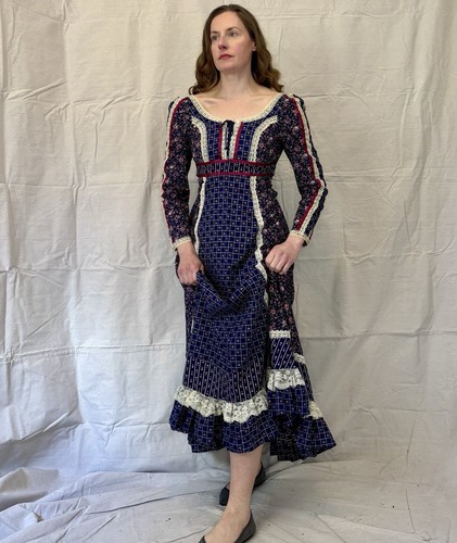 Vintage 70s Cottagecore Navy Blue Calico Autumn Rose Maxi Dress Gunne Sax S/XS - Picture 5 of 17