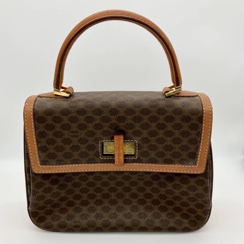 CELINE Macadam Pattern Brown Handbag Shoulder Handle 23cm 17cm Gold Authentic