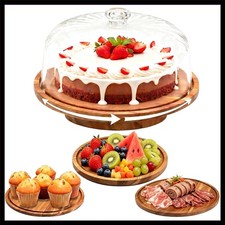 cutesun Cake Stand with Lid, 10.8'' Acrylic Dome, Rotating Acacia Wood