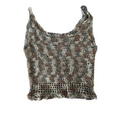Vintage 90s Crochet Knit Metallic Tank Top Brown Silver Boho Shimmer Size S