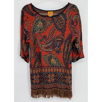 Ruby Rd Womens Paisley Knit Tunic Top Orange Teal Fringe Hem 3/4 Sleeve Sz S
