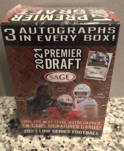 Sage 2021 Premier Draft Football Blaster Box with 3 Autograph Cards Mac Fields