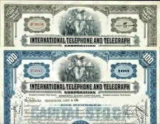 2 BEAUTIFUL ART DECO IT&T (INTERNATIONAL TELEPHONE TELEGRAPH) STOCKS 1930's-50's