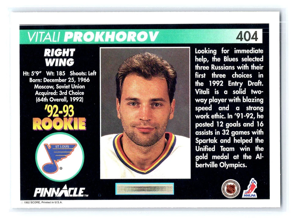 1992 Pinnacle Canadian Hockey #404 Vitali Prokhorov  RC  RookieSt. Louis Blues - Image 2 of 2