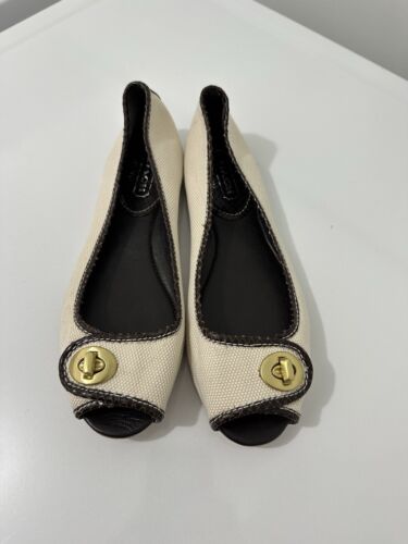 Womens Coach Nicola Peep Toe Flats Shoes Sz 6 Canvas & Python