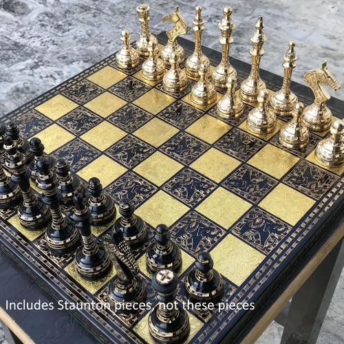 12’’ Handmade Chess Set, 32 Staunton Brass Pieces, Black and Gold Board - Picture 3 of 3