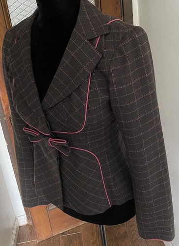 Nanette Lepore Wool Blend Jacket Brown, Pink Piping Bow Closure Size 0 Blazer - Picture 2 of 11