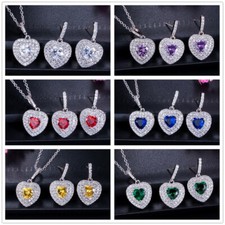 Silver Plated Heart Dangle Earrings Necklace Women Cubic Zircon Jewelry Set Gift