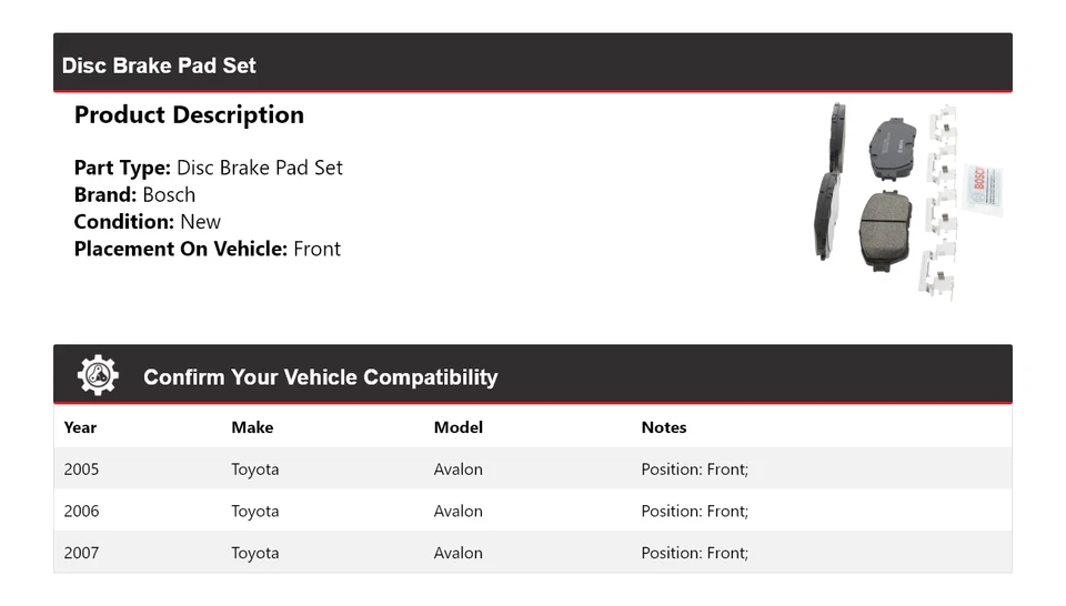 Pastillas de freno delanteras de cerámica QuietCast 2006 para Toyota Avalon Bosch 2005-2007 Foto 2 de 4