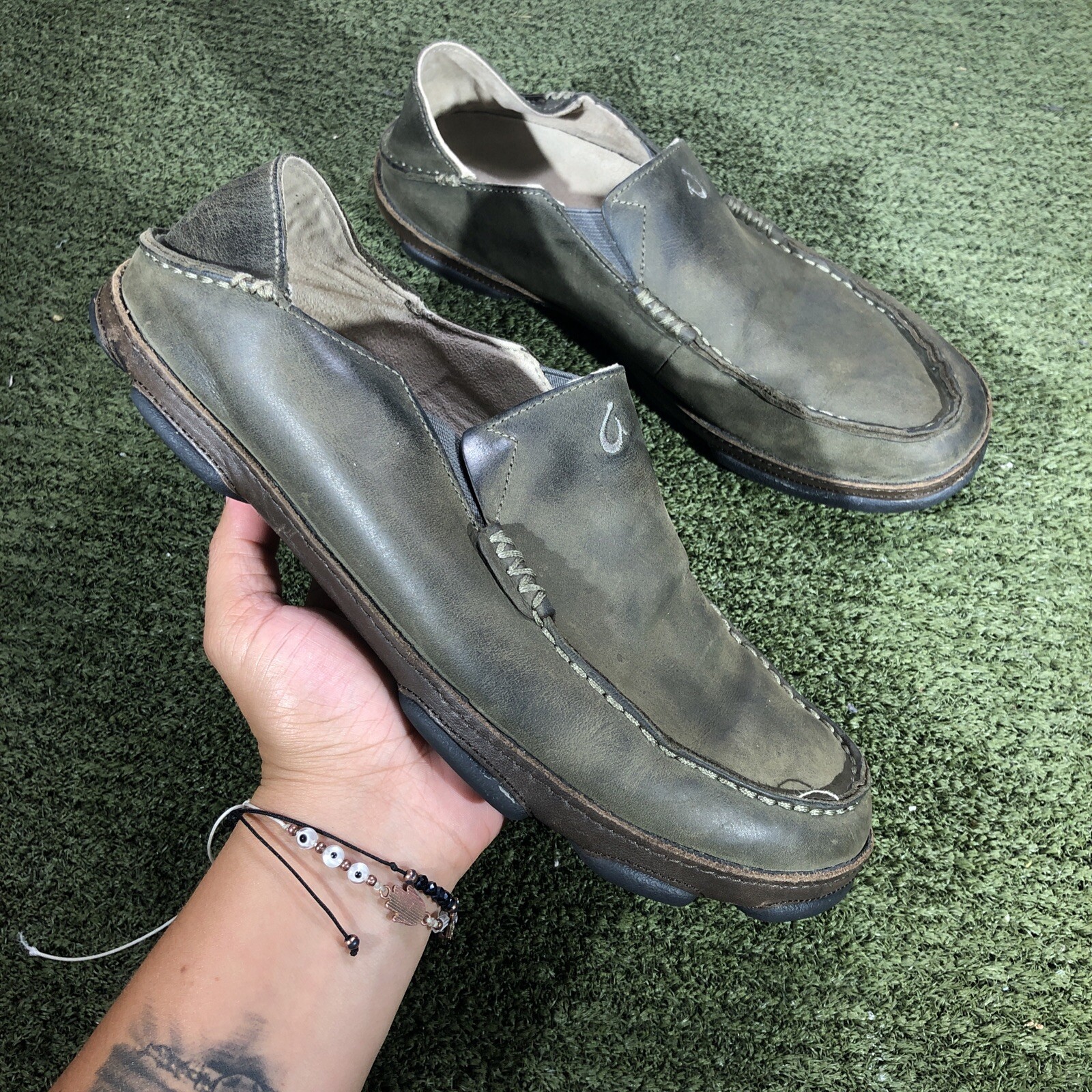 OLUKAI Moloa Men's Size 10 Black/brown Leather Slip On Moc Toe Loafer Shoes  | eBay