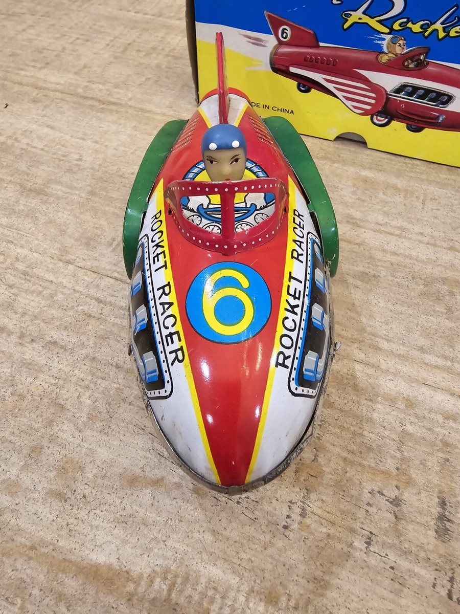 Vintage 60's Tin Toy Rocket Racer friction siren litho Vintage 60's Tin Toy Rocket Racer friction siren litho