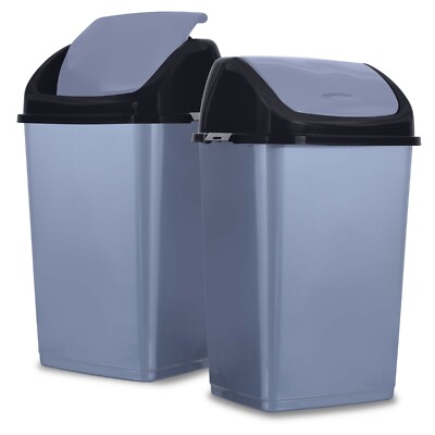 Superio 2 Pack Large Kitchen Trash Can with Swing Top Lid Grey/Black 13 Gallons