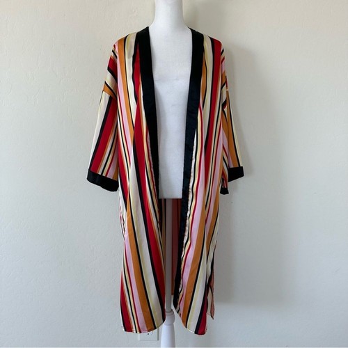 F21 Colorful Bold Striped Long Line Short Sleeve Open Front Satin Kimono Small - Picture 3 of 6