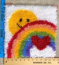 Vtg HAPPY FACE RAINBOW Completed Latch Hook Wall Hanging Pillow Stool Cover 12"