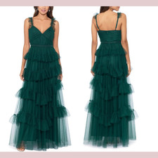 NWT 299 Betsy  Adam  2  V Neck A Line Tiered Ruffle Tulle Gown Green J697