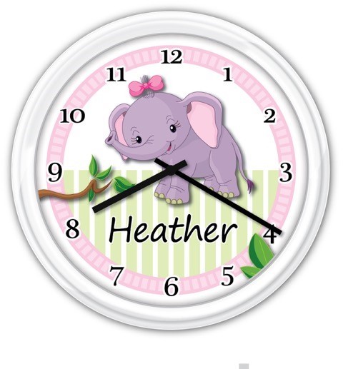 Baby Nursery Wall Clock PERSONALIZED Elephant Shower Birthday Gift Bedroom Decor