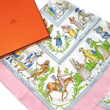 VTG HERMES Carre 90 Silk Scarf "Costumes Civils" F. de la Perriere w/Box Pink