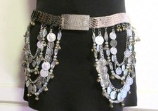 Belly Dance Silver STRETCH Metal Belt Massive Dangle Coins Beads Bells 27"to 46"