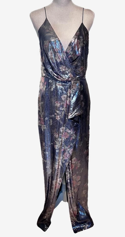 ML Monique Lhuillier Sequin Surplice Floral Maxi Gown Formal Black Tie Prom 10 - Image 4 of 4