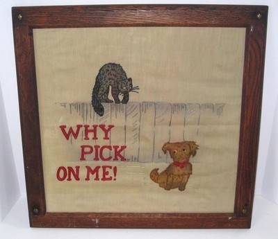 Antique Primitive Folk Art Needlepoint Cat & Dog ''Why Pick On Me'' Halloween