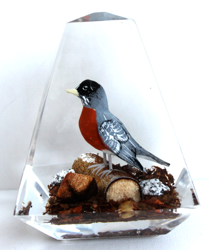 Vintage Hand Carved Painted Wood Robin Lucite/Acrylic Unique Canada Paperweight