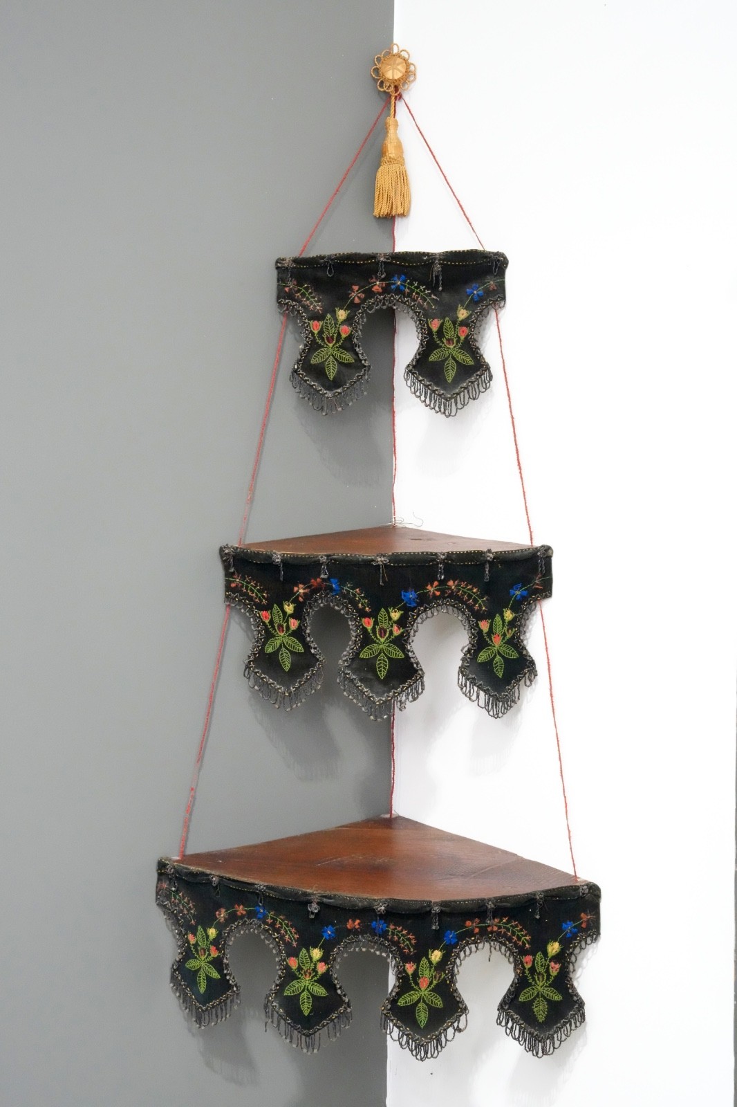 Victorian Antique Walnut Etagere Beaded Fridge hanging corner Display Stand RARE