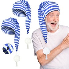 2 Pcs Men's Striped Pajama Night Cap Adjustable Sleeping Caps with Pom Ball