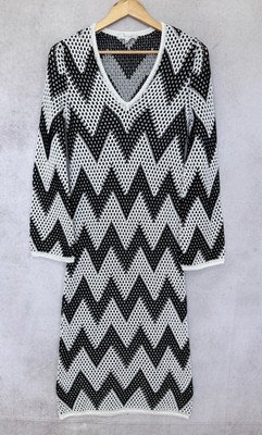 M&S Women's Black White Chevron Knit Midi Dress V Neck Long Sleeve Small
