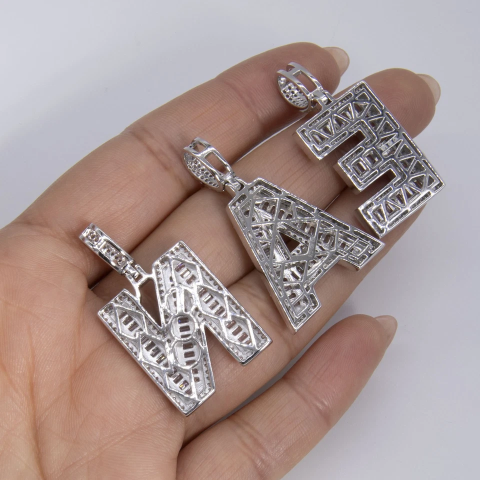 3.8cm Lucido Baguette Blocco Lettere Iniziale Ciondolo Argento Sterling - Immagine 2 di 4