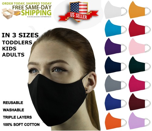 5 Face Masks Set in 3 sizes Triple Layers 100% Cotton Washable Reusable W/Pocket - Picture 1 of 101
