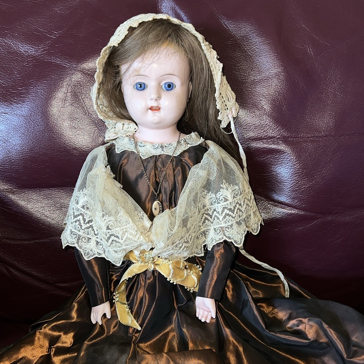 German Antique MINERVA Tin Metal Head- Glass Eyes- 20” Doll- Kid