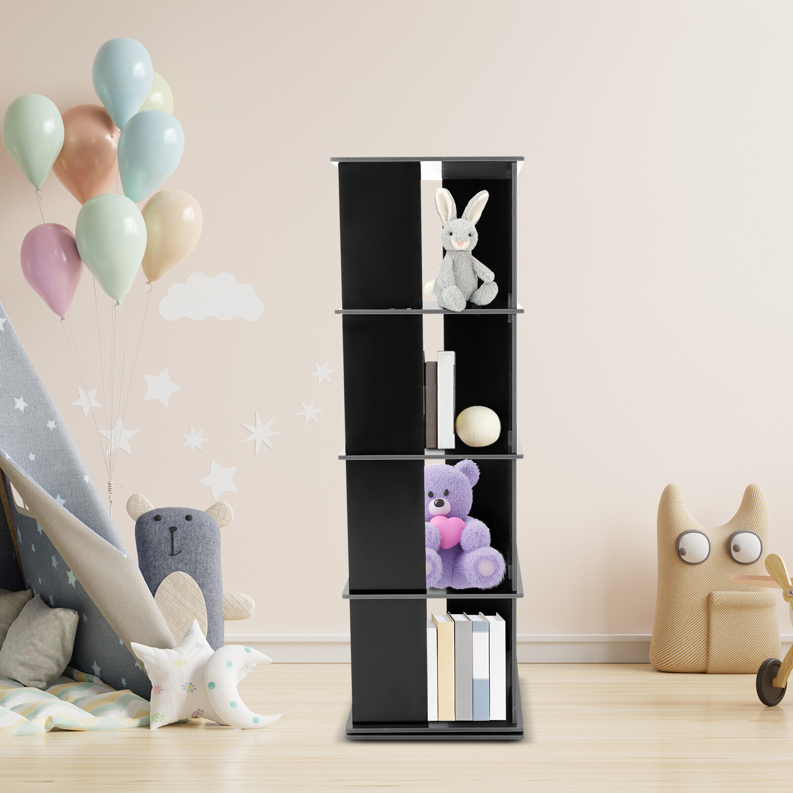 Black Bookcase Storage Shelf 360?? Rotating Bookshelf Freestanding Display Rack