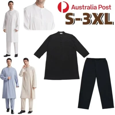 VE 2PCS Men Muslim Jubba Clothing Thobe Arab Abaya Long Robe Pants Set Dubai Islam