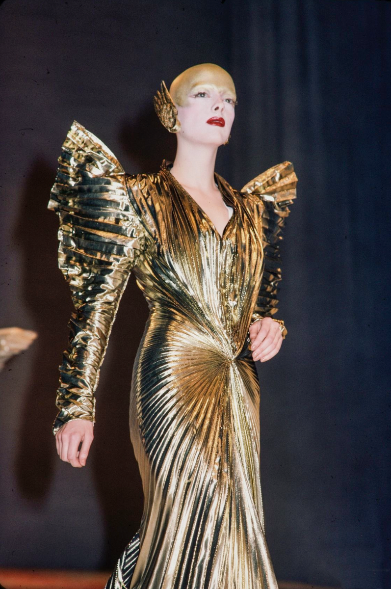 mugler gold dress 1985 Thierry Mugler Couture Metallic Gold Lamé & Fishnet High-Slit Gown main image 0